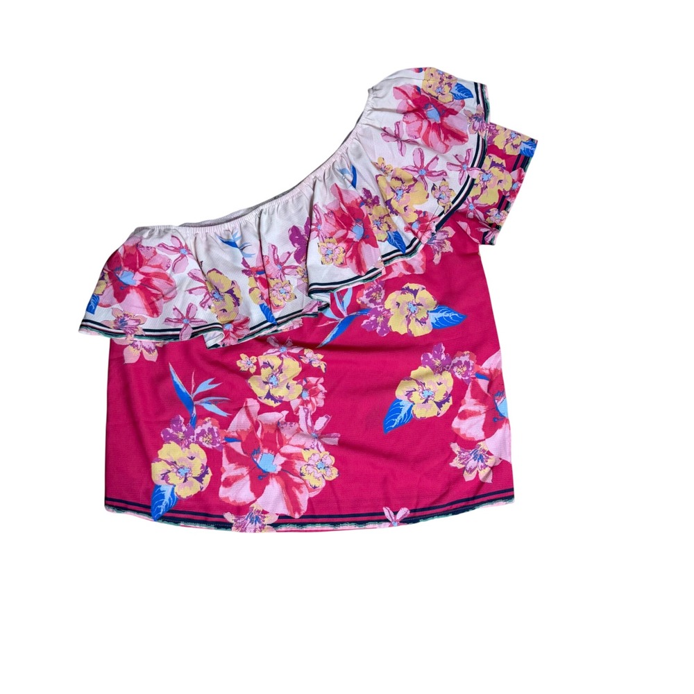 Flying Tomato Pink‎ Floral One Shoulder Ruffle Top Womens Medium Tropical